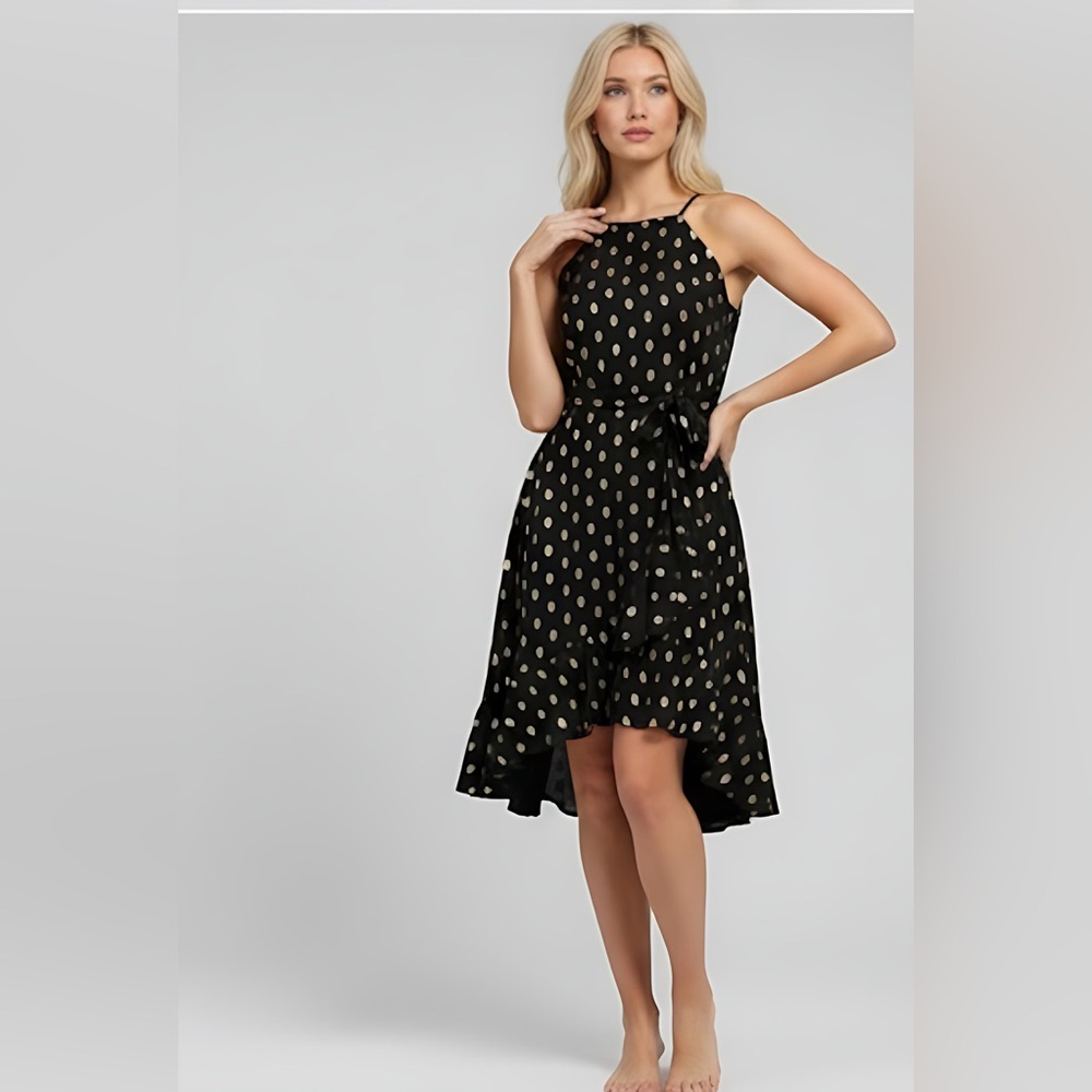 Gold Dot Ruffled High Low Halter Dress Black